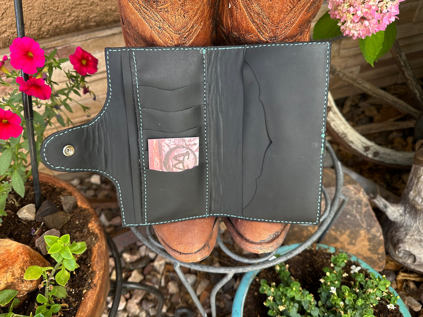 Western tooled leather floral and faux beadwork wallet