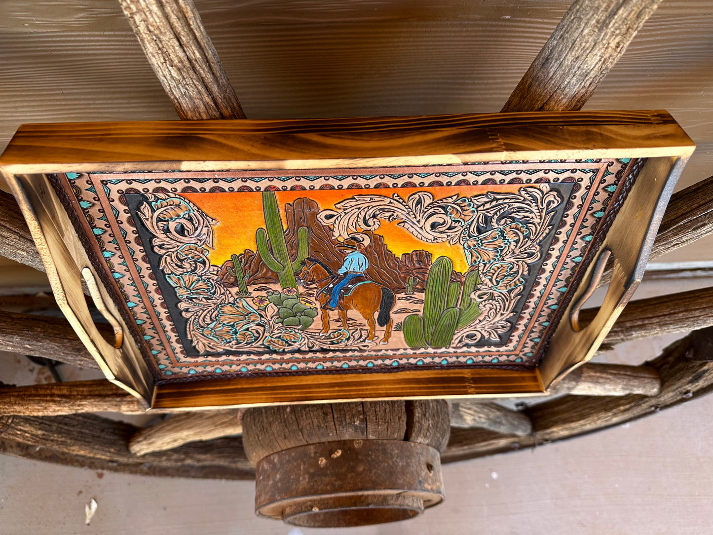 Western tooled leather Desert Ride wooden tray