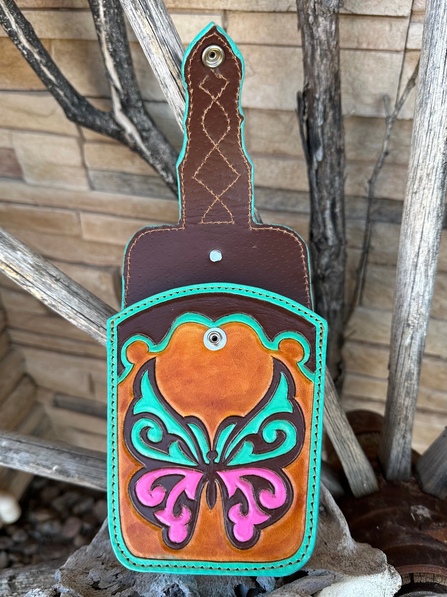 Western tooled leather butterfly belt cell phone case