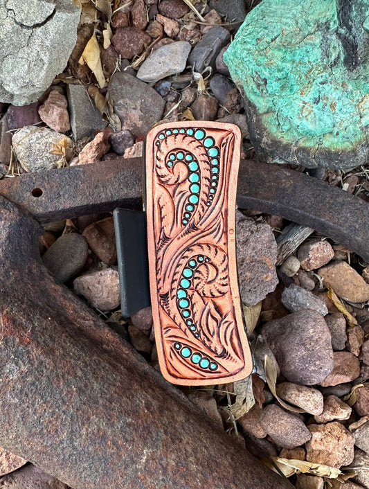 Western tooled leather scroll and turquoise large claw clip