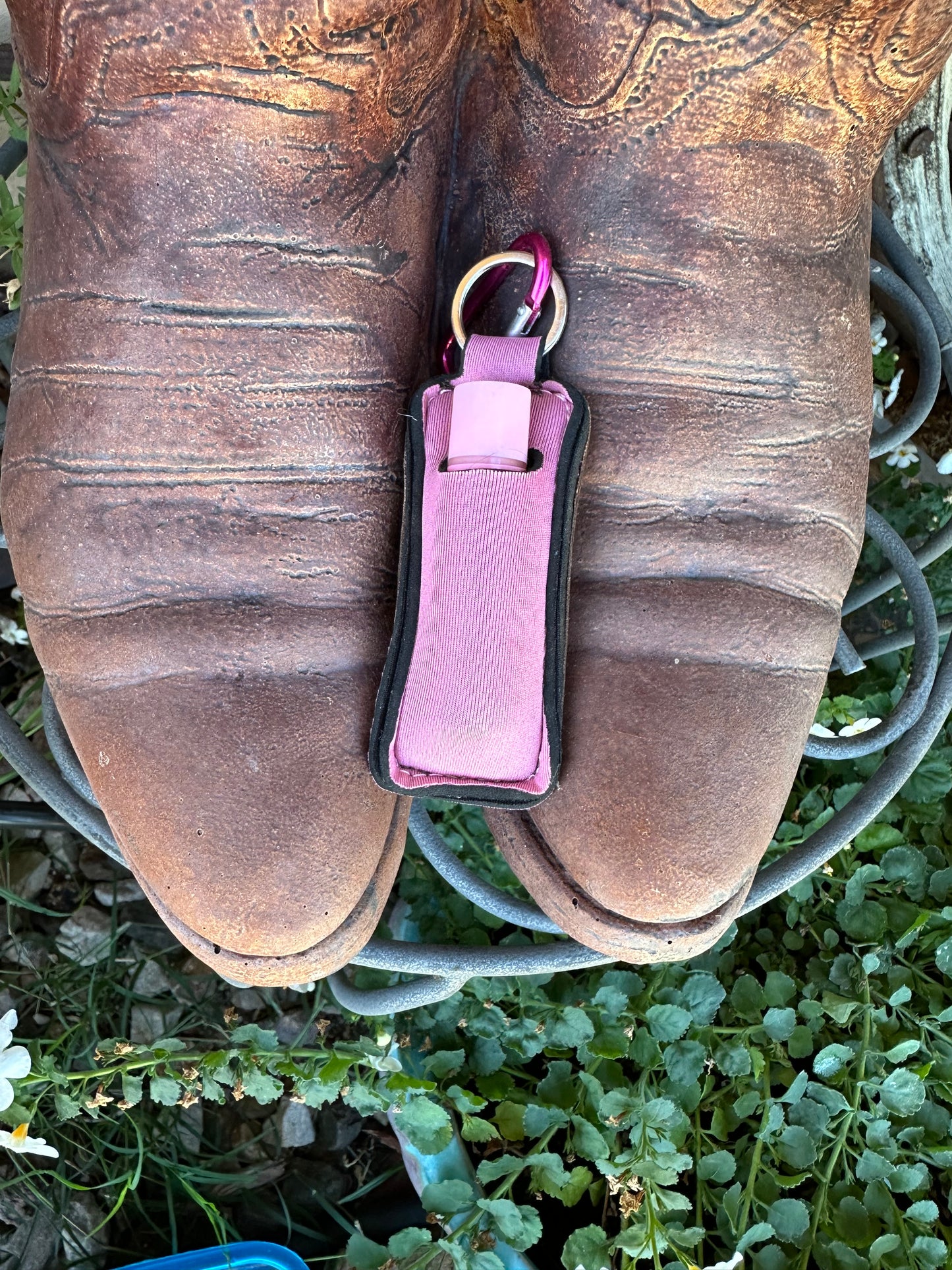 Western tooled leather sunflower chapstick keychain