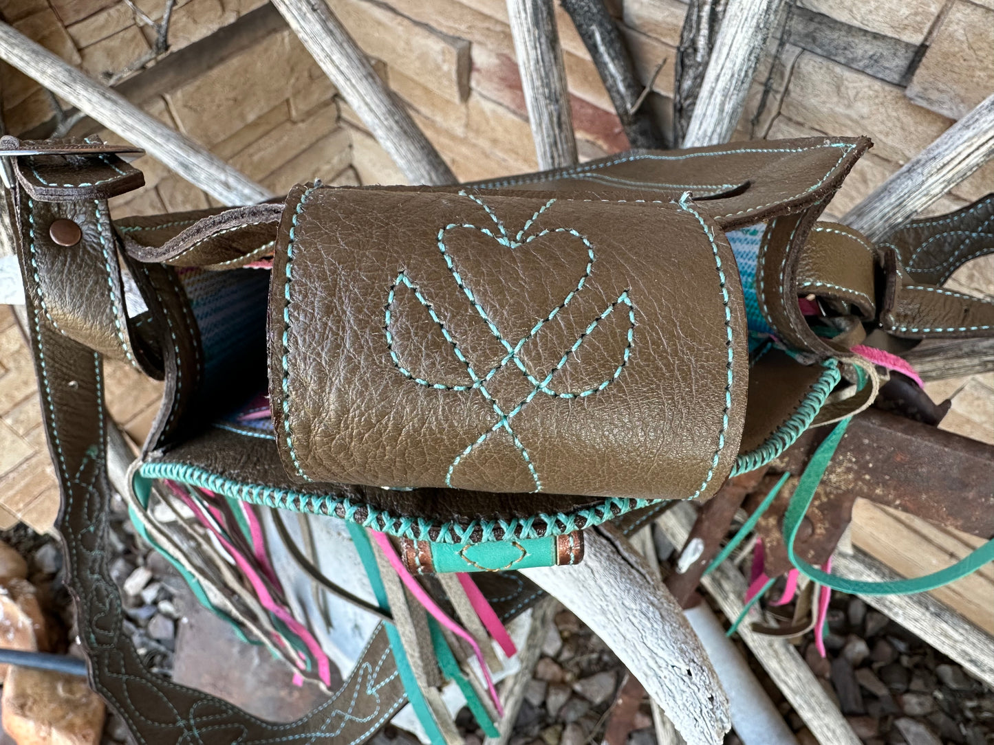 Western tooled leather heart boot fringe bag with front cell phone pocket