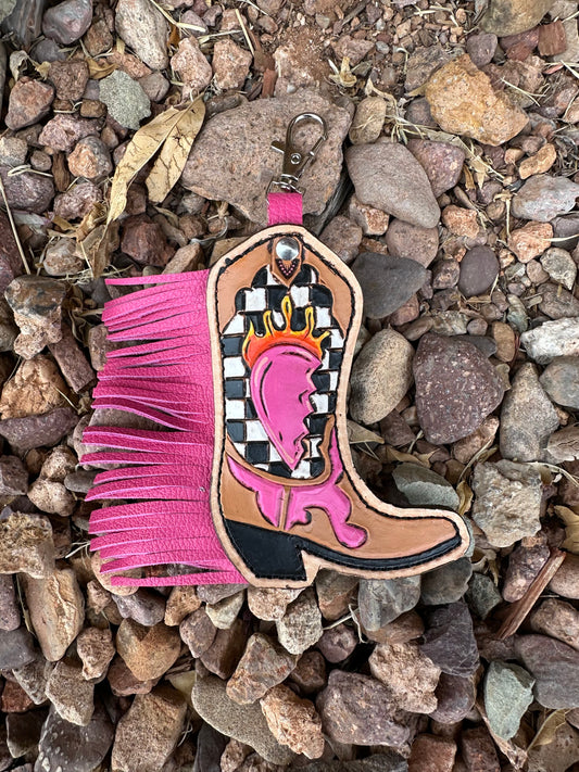 Western tooled leather checker print and flaming broken heart fringe boot chapstick keychain