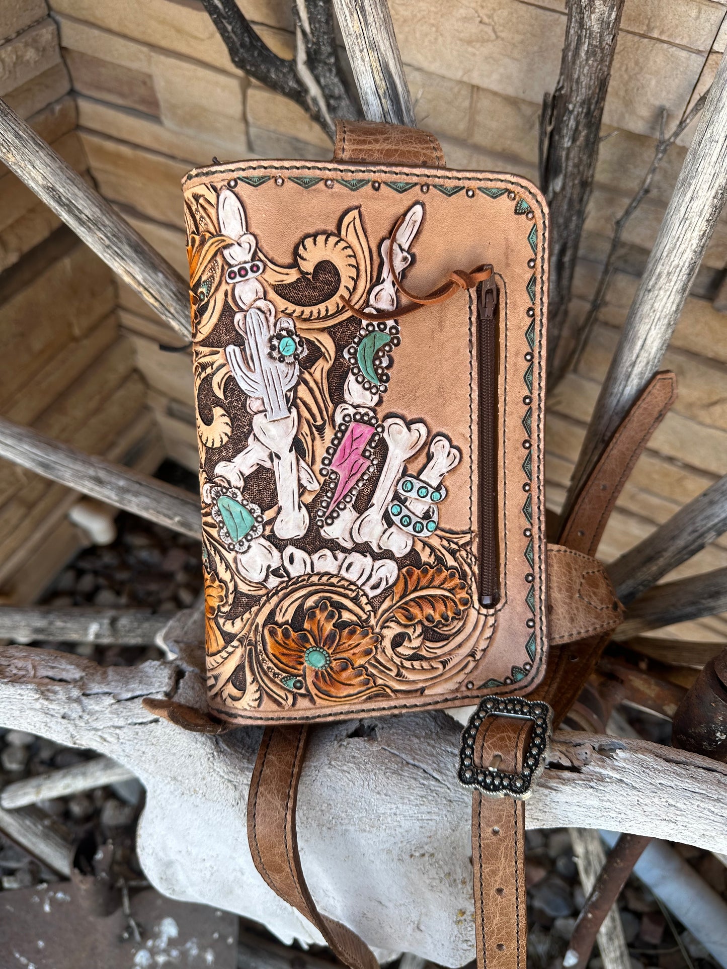 Western tooled leather skeleton hand and floral cell phone sling wallet