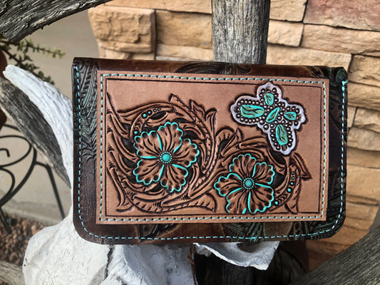 Western tooled leather floral and turquoise butterfly patch on embossed Leather manicure kit