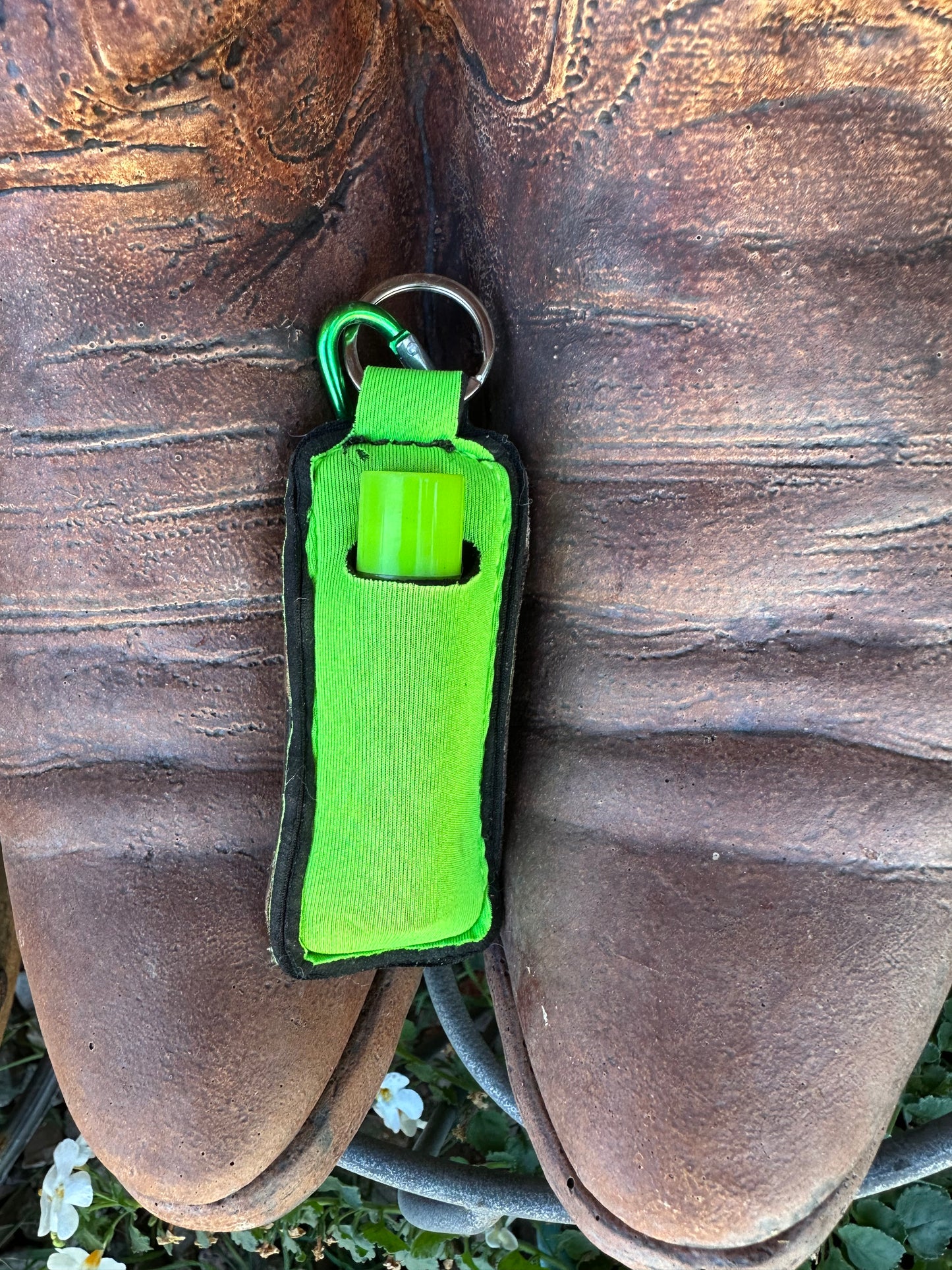 Western tooled leather desert cactus chapstick keychain