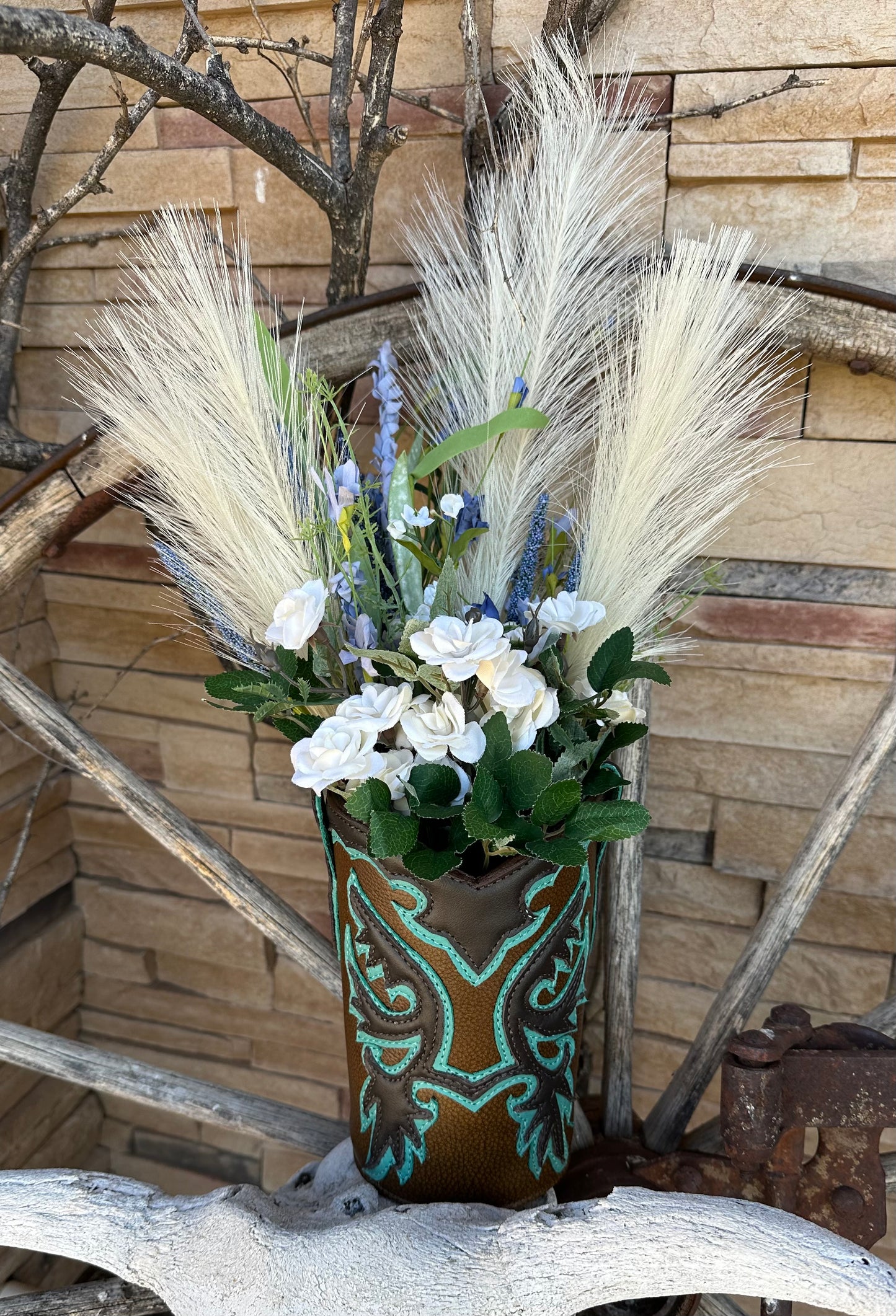 Western leather boot utensils holder or dried flower vase