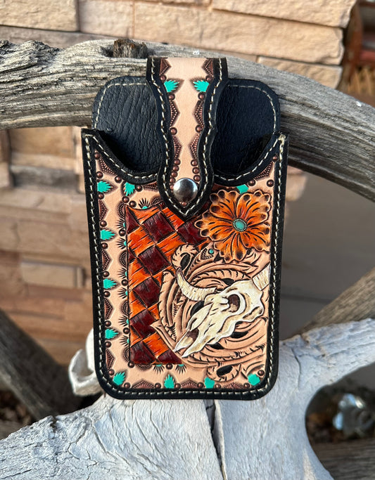 Western tooled leather steer skull cell phone case