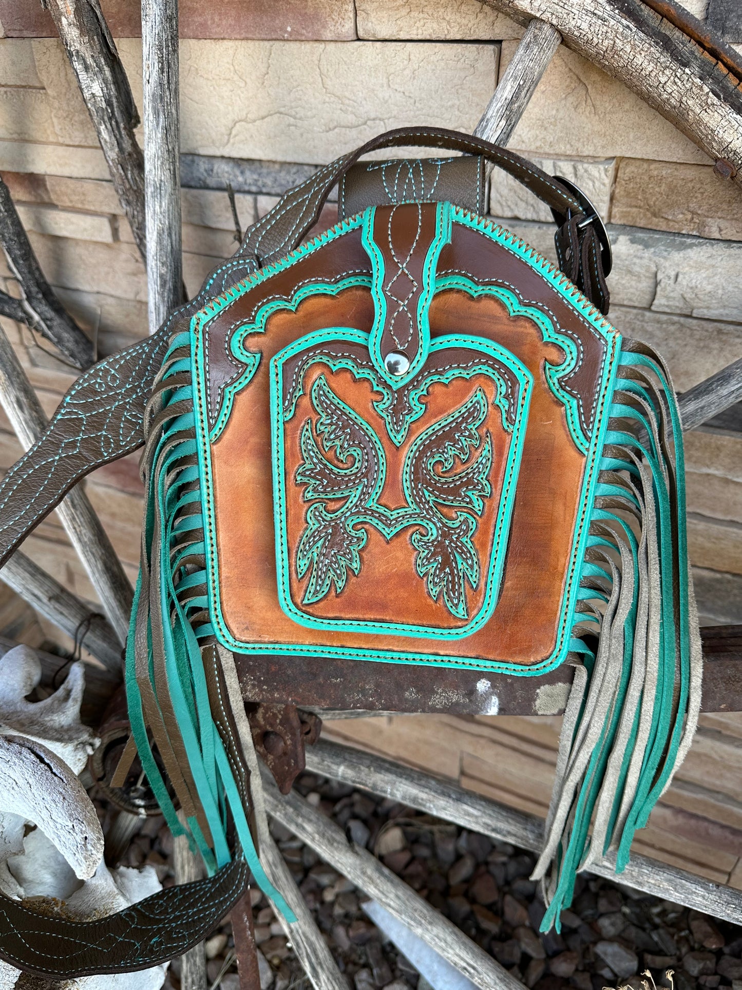 Western tooled leather turquoise and brown boot fringe bag with front cell phone pocket