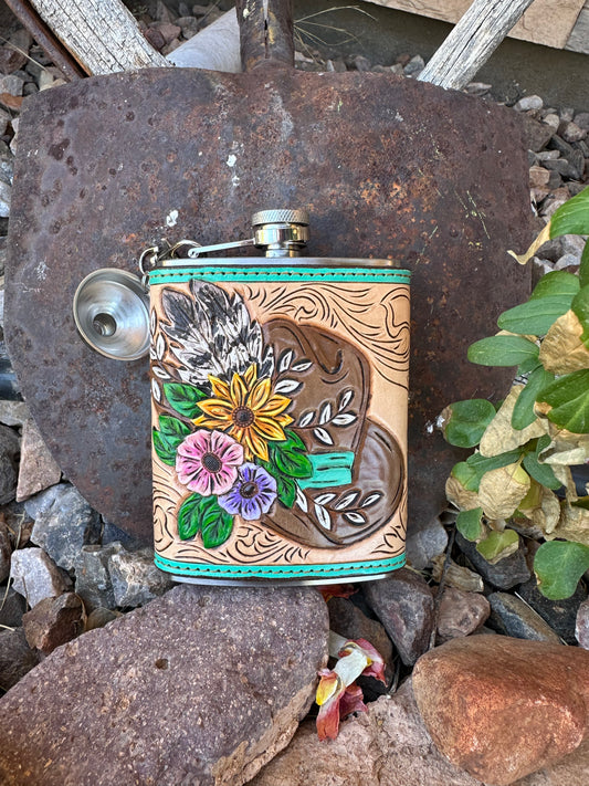 Western tooled leather floral and feather hat flask