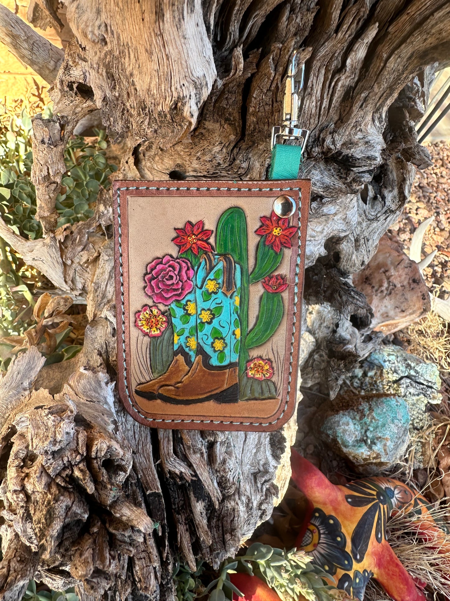 Western cactus and boots card keychain