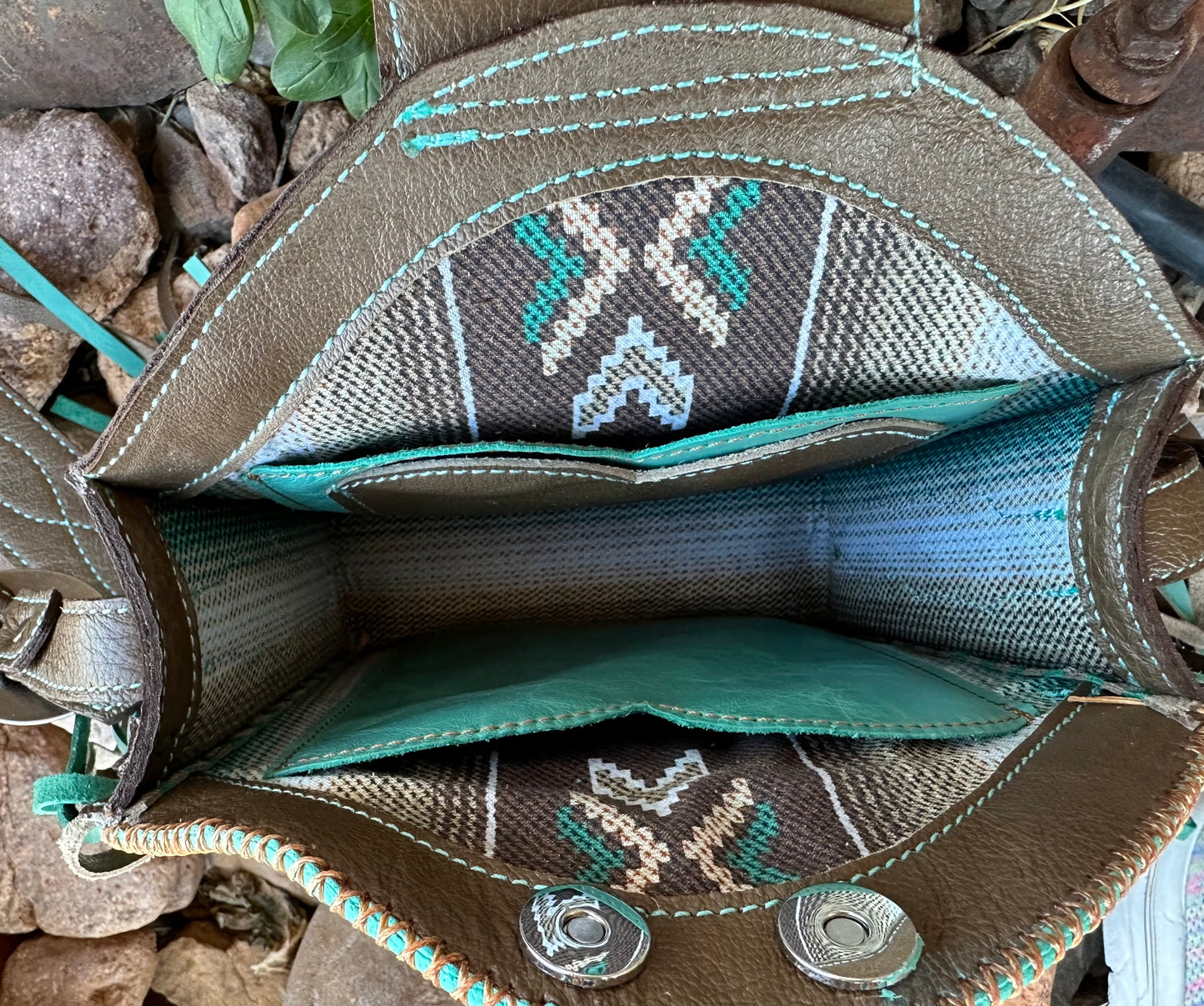 Western tooled leather turquoise and brown boot fringe bag with front cell phone pocket