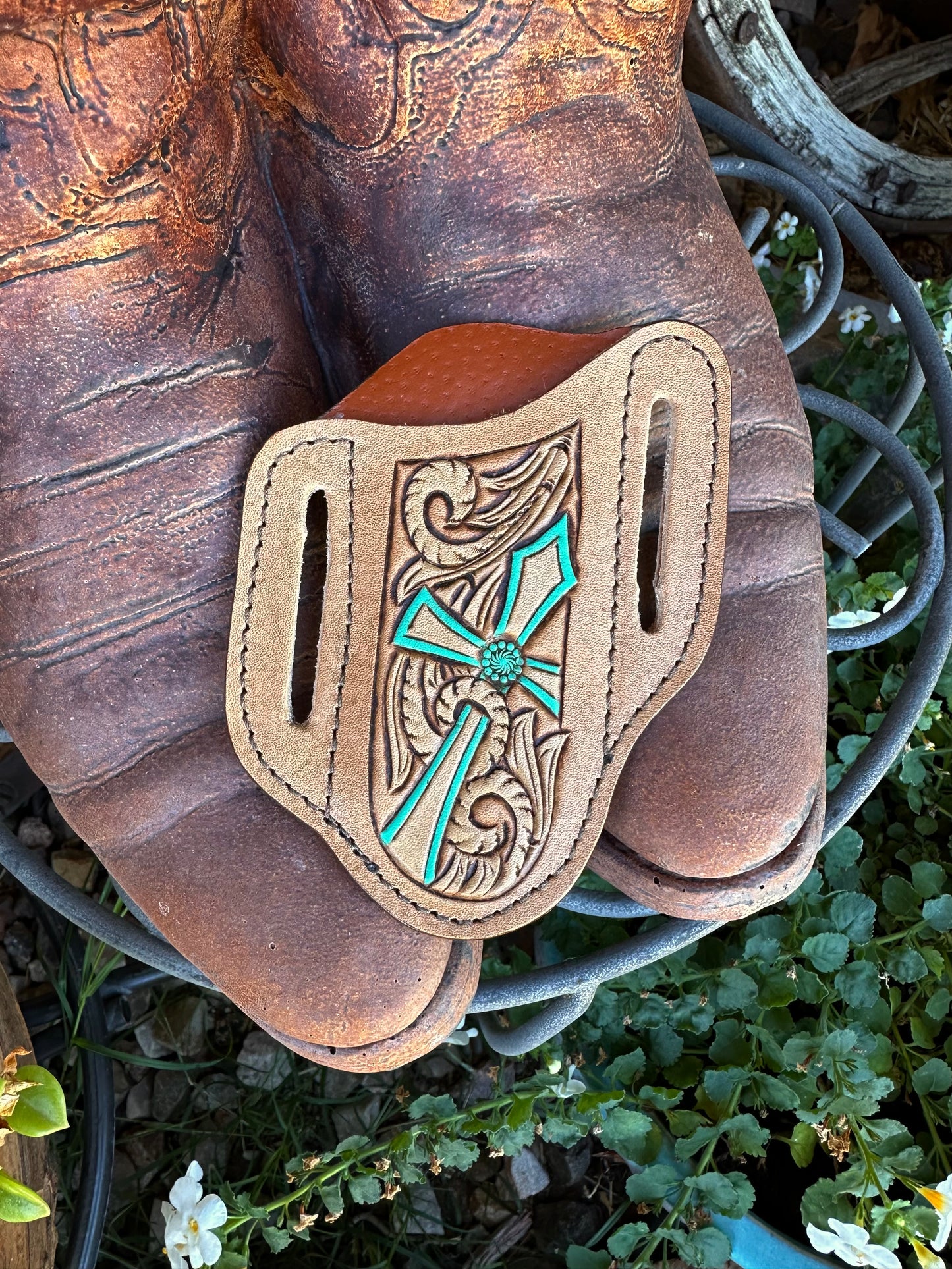 Western tooled leather turquoise cross knife sheath