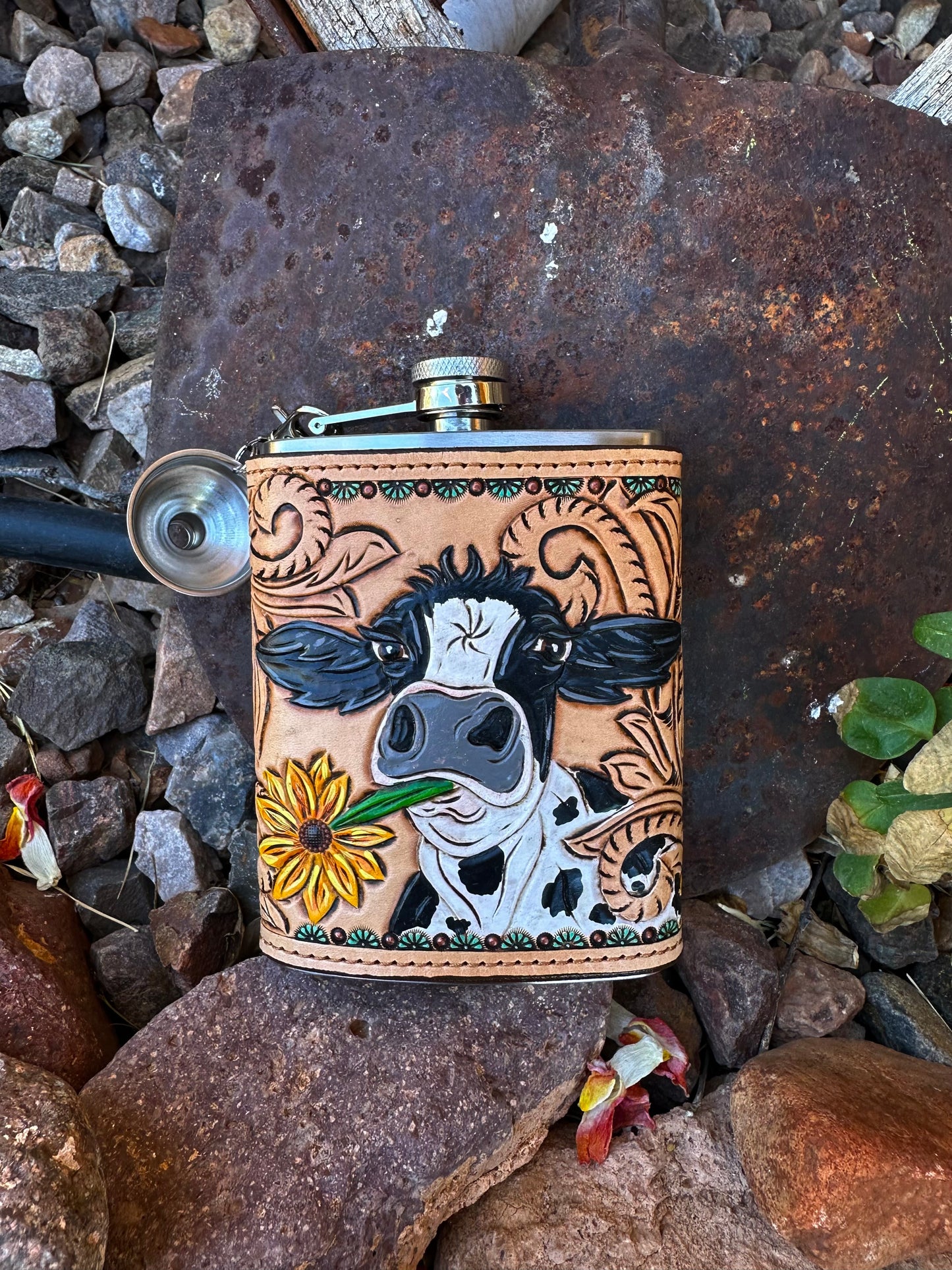 Western tooled leather cow and sunflower flask