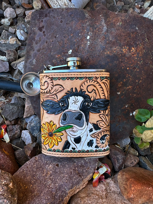 Western tooled leather cow and sunflower flask