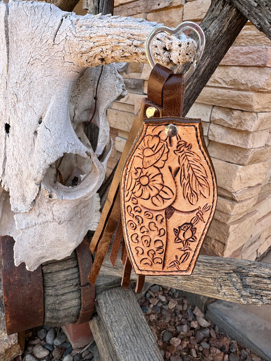 Western cow skull and leopard print Bootyful Tattoo tassel chapstick keychain