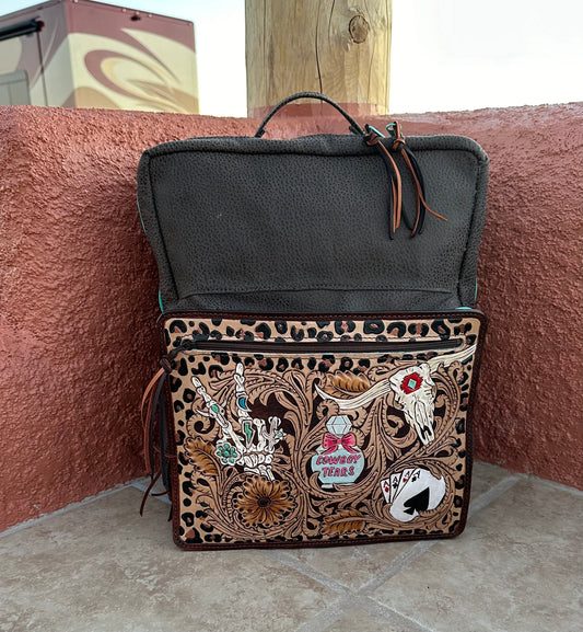 Western tooled leather Cowboy Tears and chocolate leather backpack