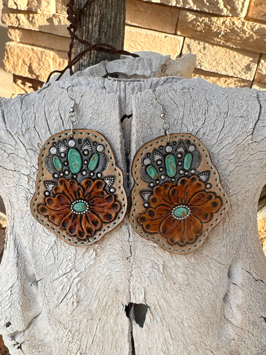 Western tooled leather floral and turquoise earrings