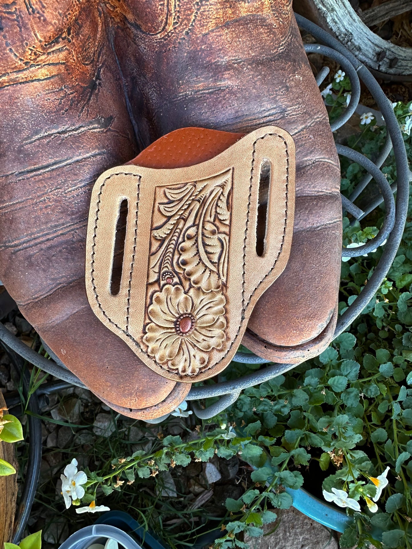 Western tooled leather floral knife sheath