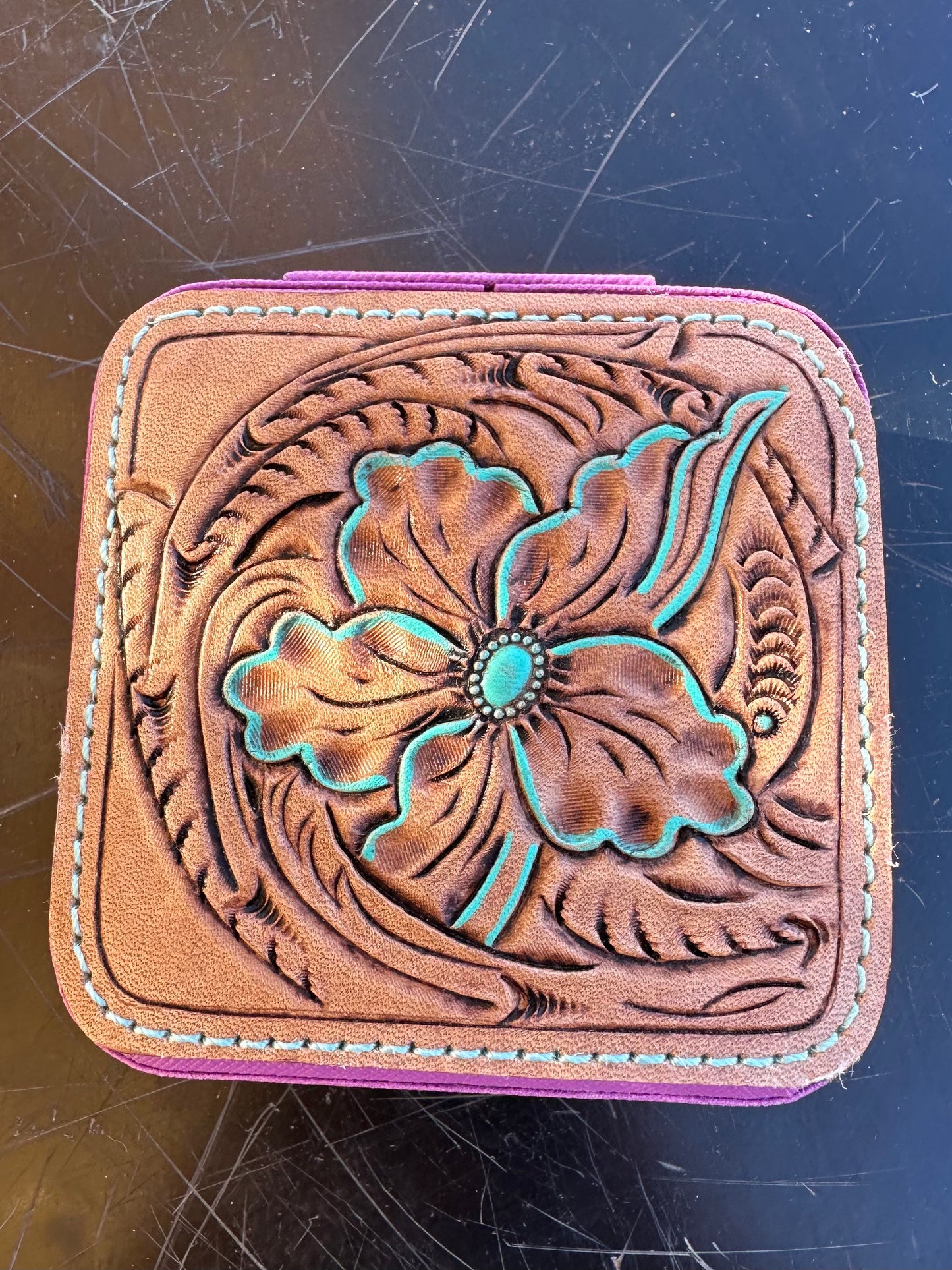 Western tooled leather floral patch travel jewelry case