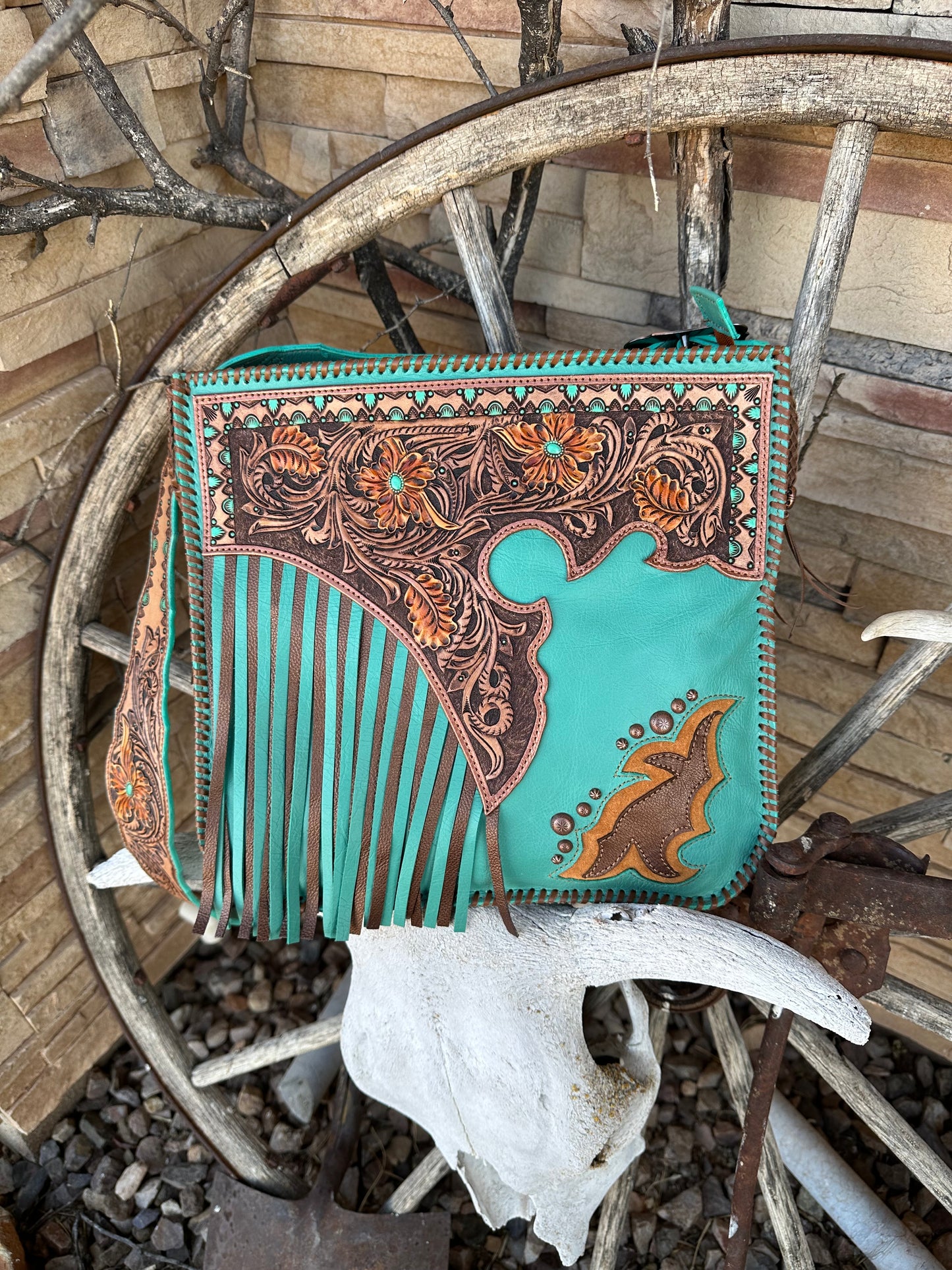 Western tooled leather floral chaps fringe bag