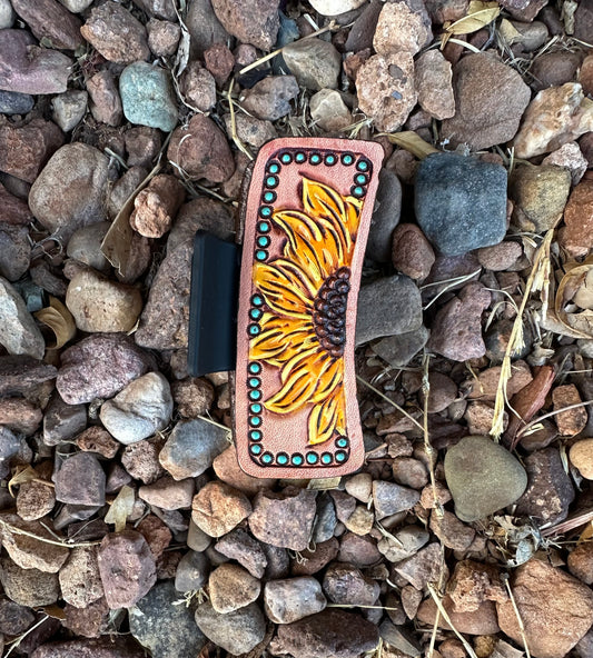 Western tooled leather sunflower medium claw clip