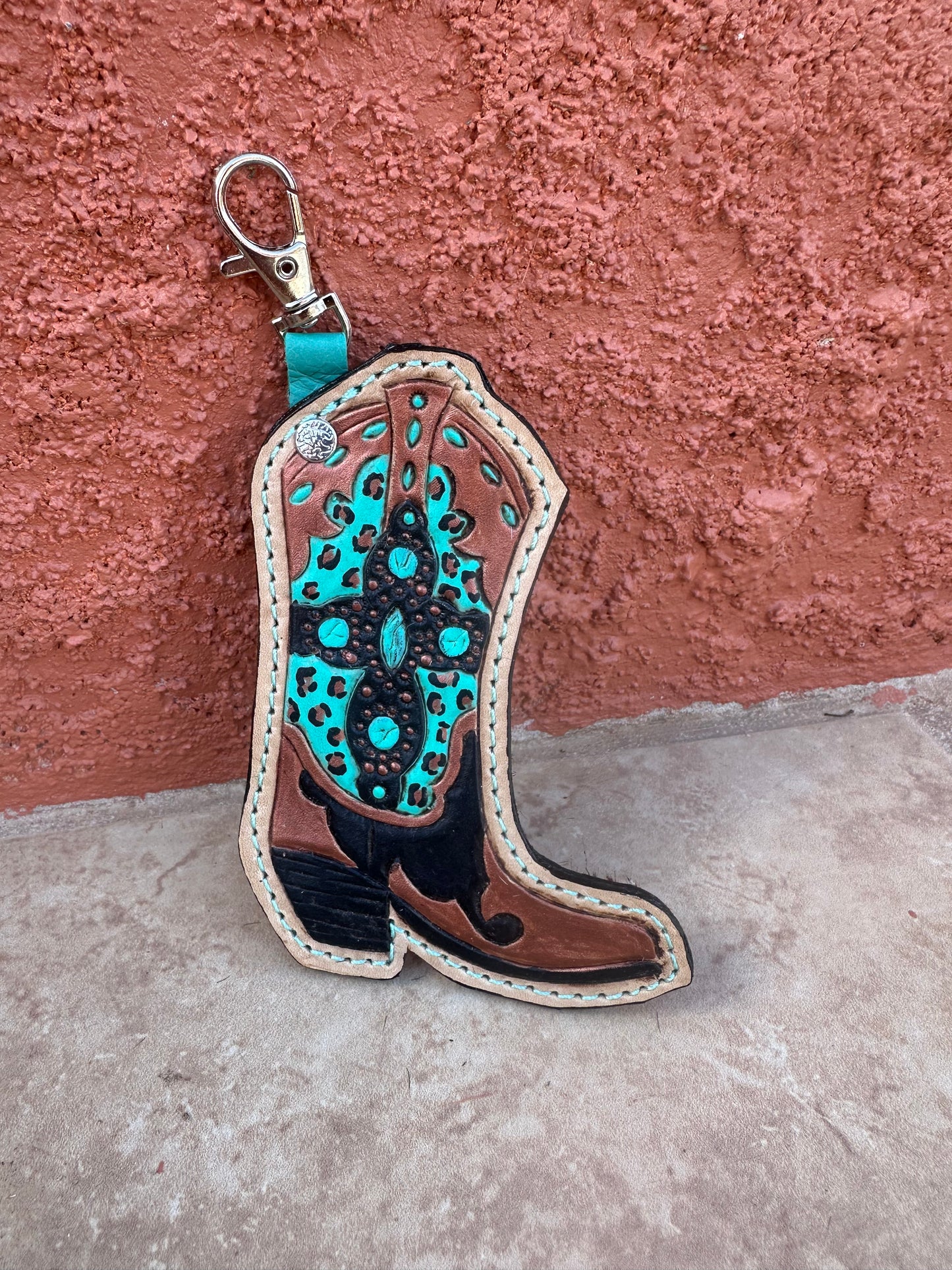 Western tooled leather boot keychain