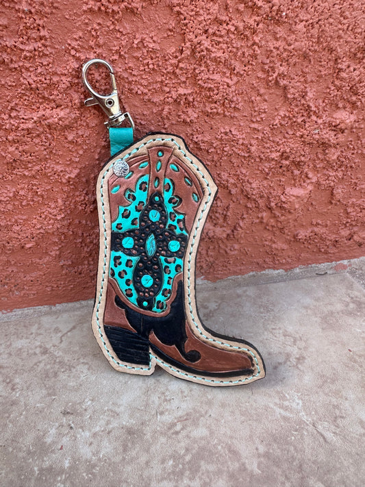 Western tooled leather boot keychain