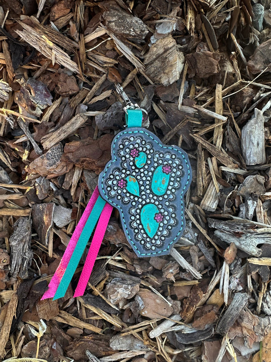 Southwestern tooled leather turquoise prickly pear cactus keychain
