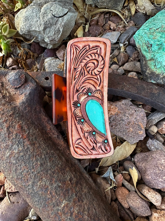 Western tooled leather turquoise heart large claw clip