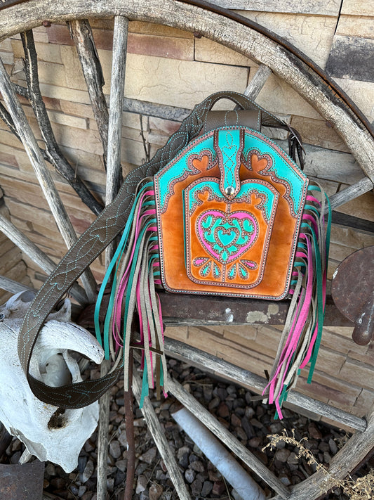 Western tooled leather heart boot fringe bag with front cell phone pocket