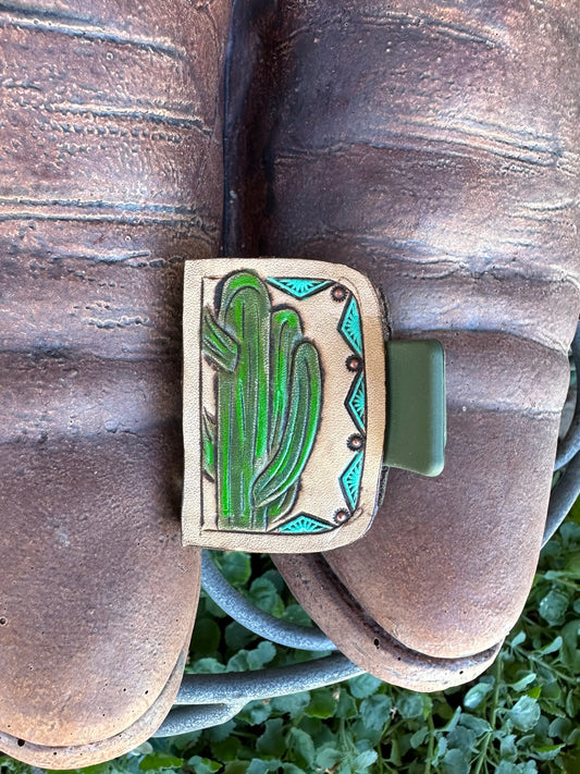 Western tooled leather cactus claw clip small