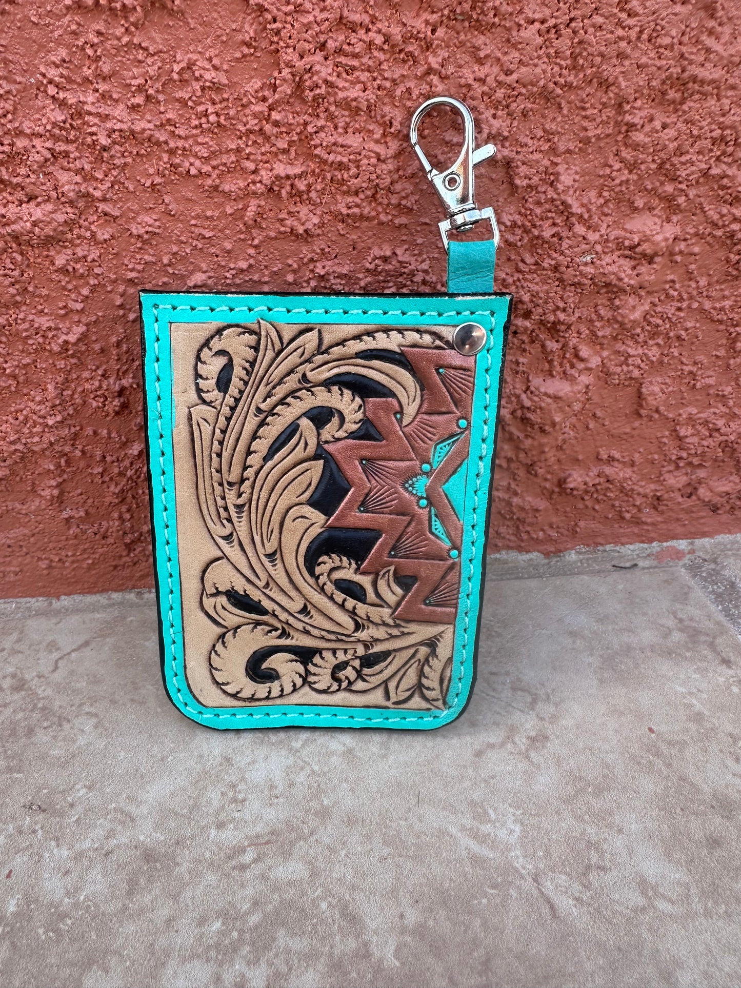 Southwestern tooled leather geometric card keychain