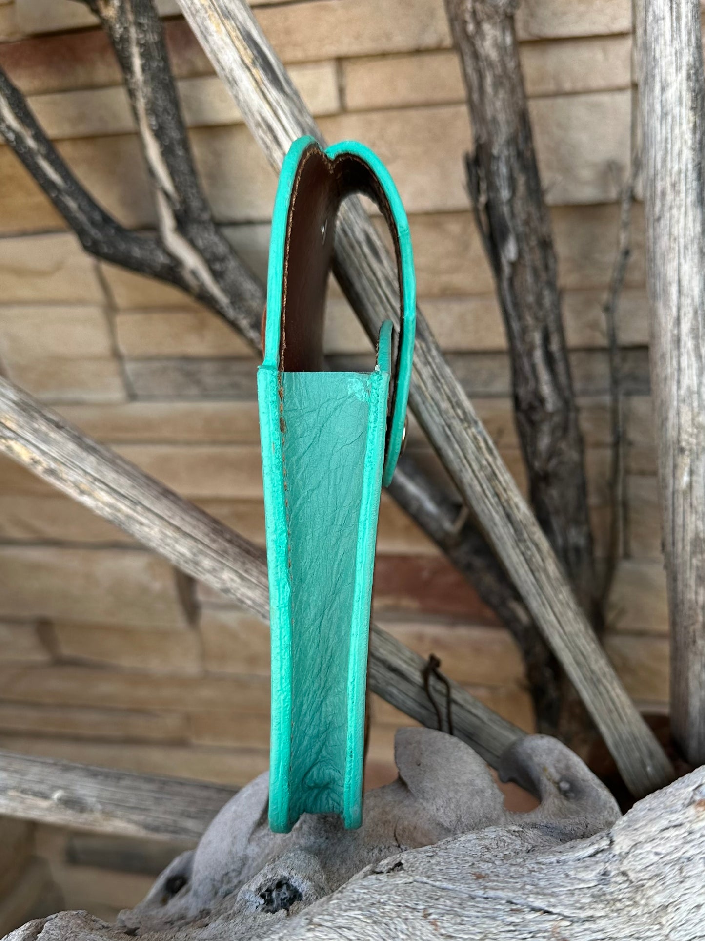 Western tooled leather brown and turquoise belt cell phone case