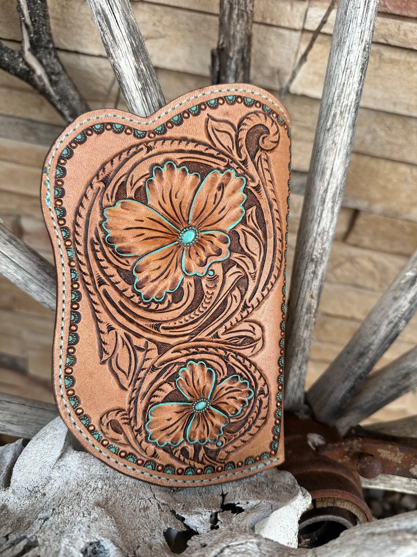 Western tooled leather double floral cellphone holster large