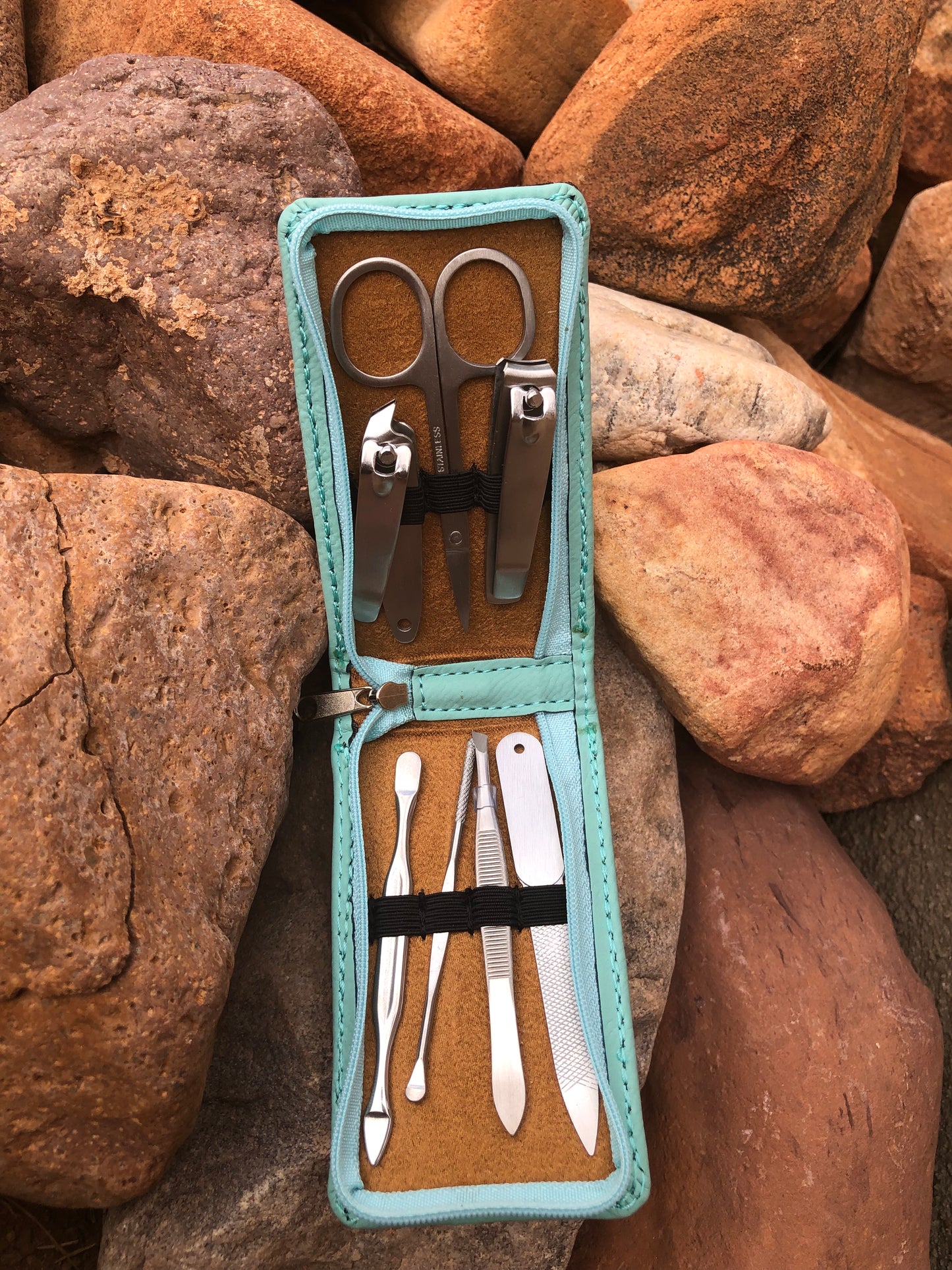 Western tooled leather turquoise floral travel manicure set