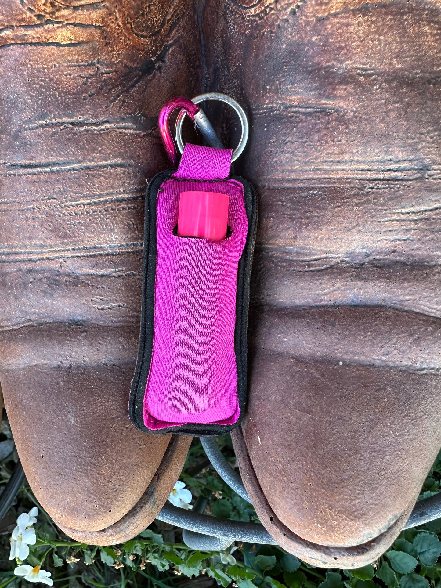 Western tooled leather sunflower and leopard print chapstick keychain