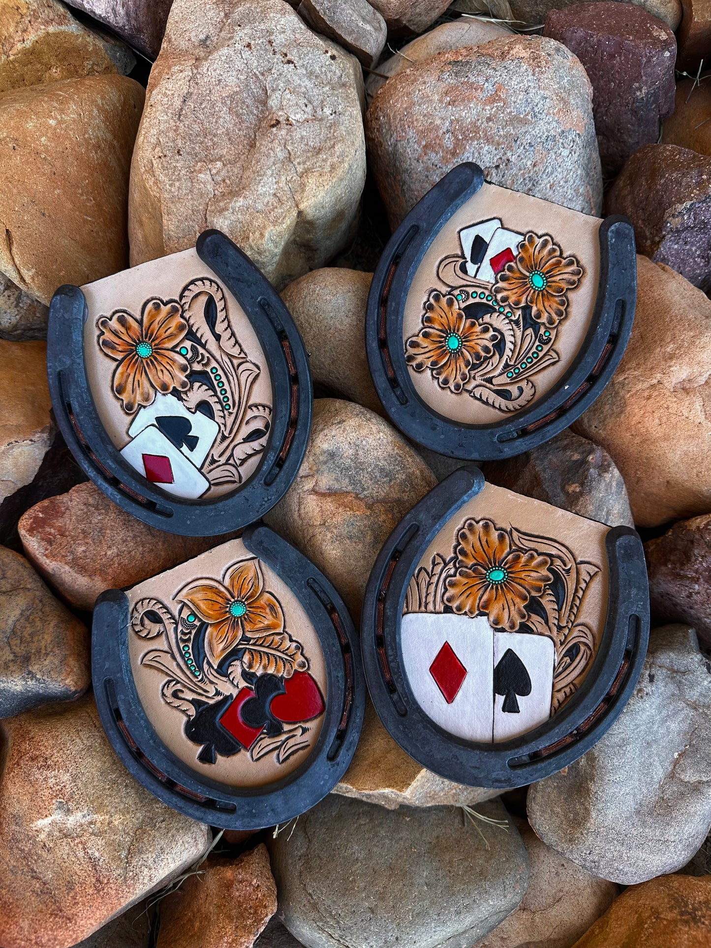 Western tooled leather cards and floral horseshoe coaster set