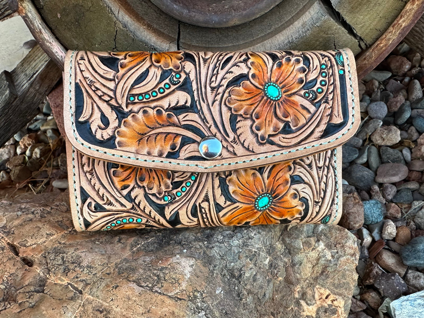 Western tooled leather floral and basket weave wallet