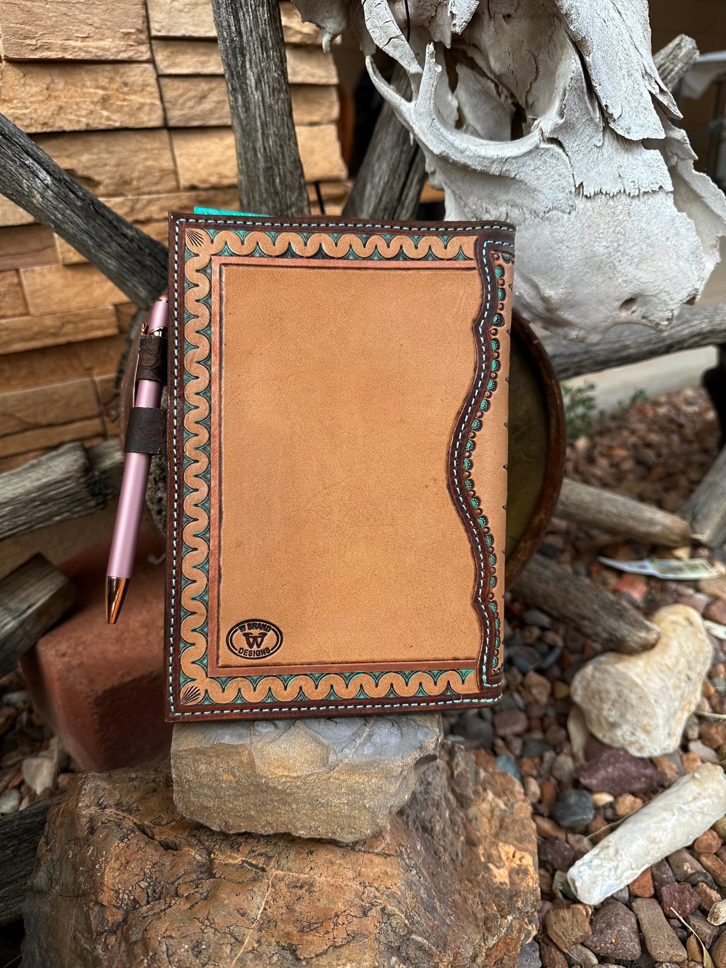 Western tooled leather horse and floral memo book