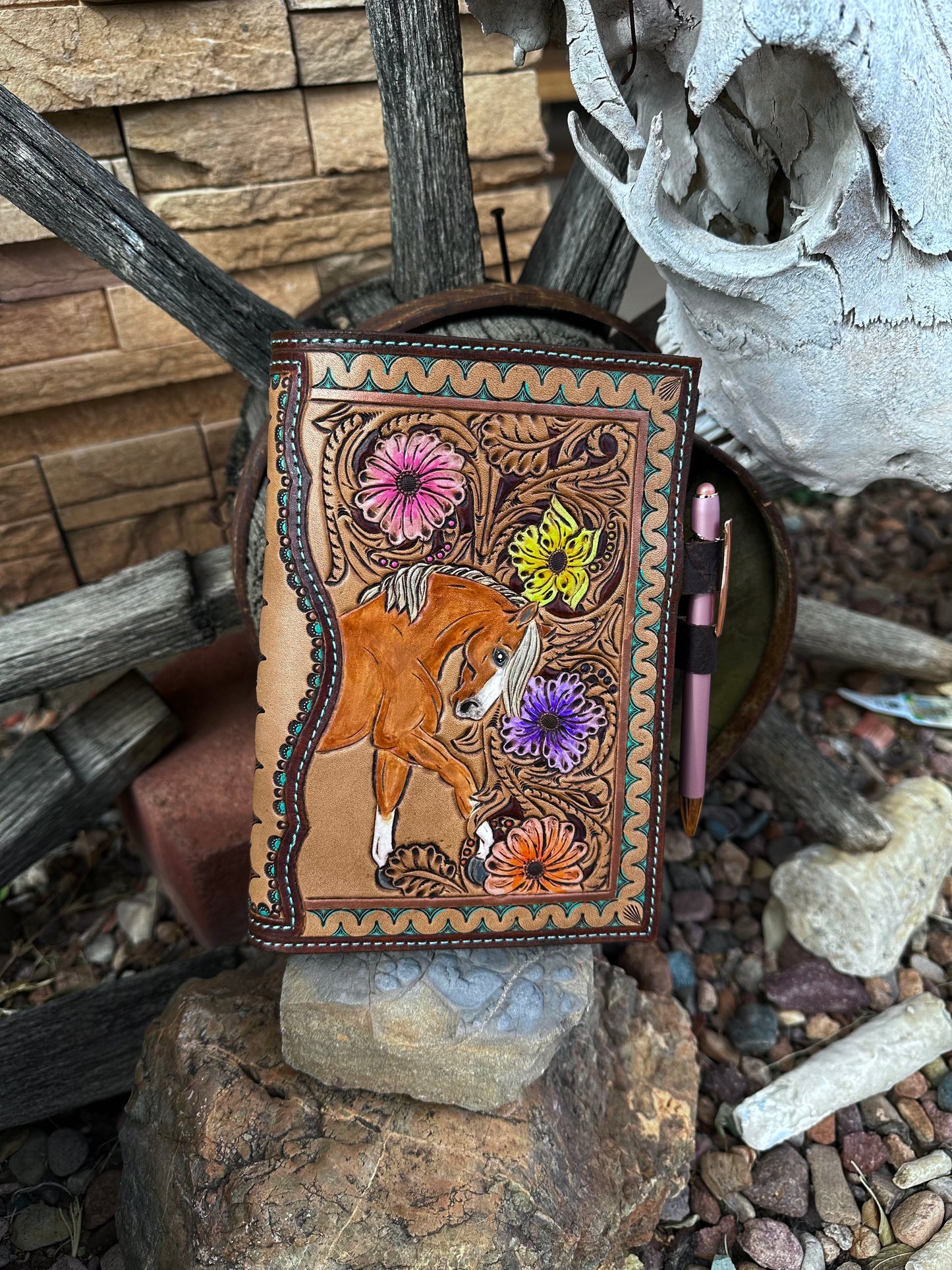 Western tooled leather horse and floral memo book