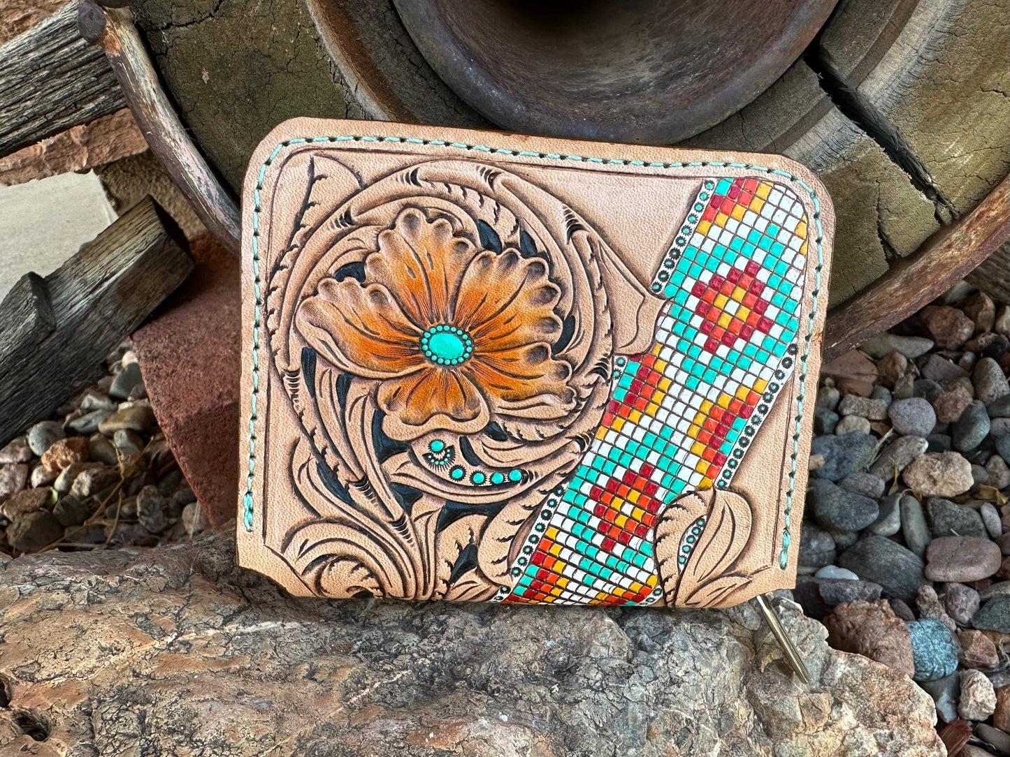 Western tooled leather floral and faux beadwork zip wallet