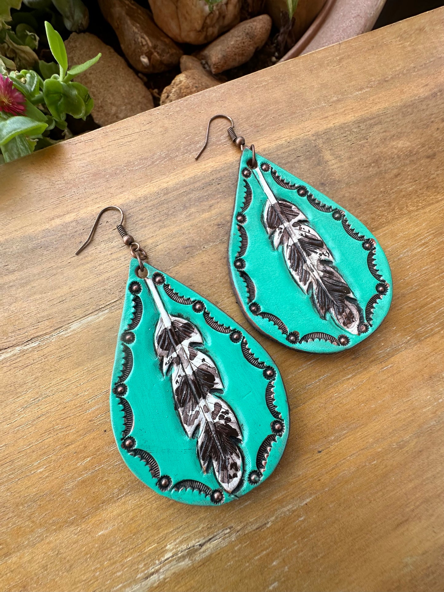 Western turquoise feather leather earrings