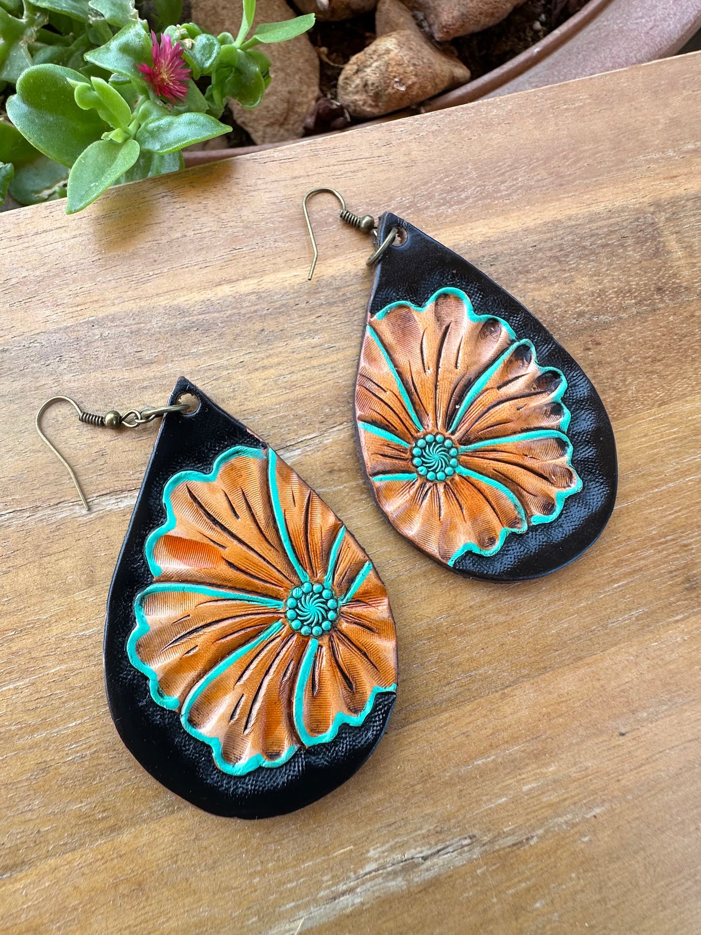 Western black floral leather earrings