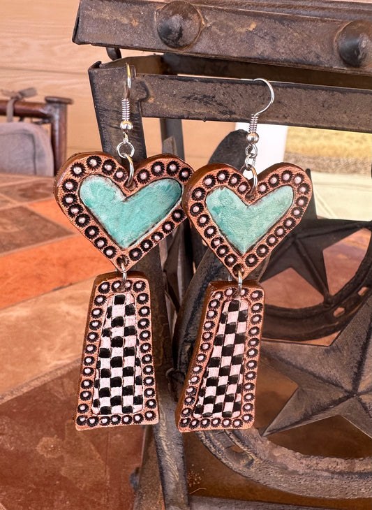 Turquoise heart and checker earrings