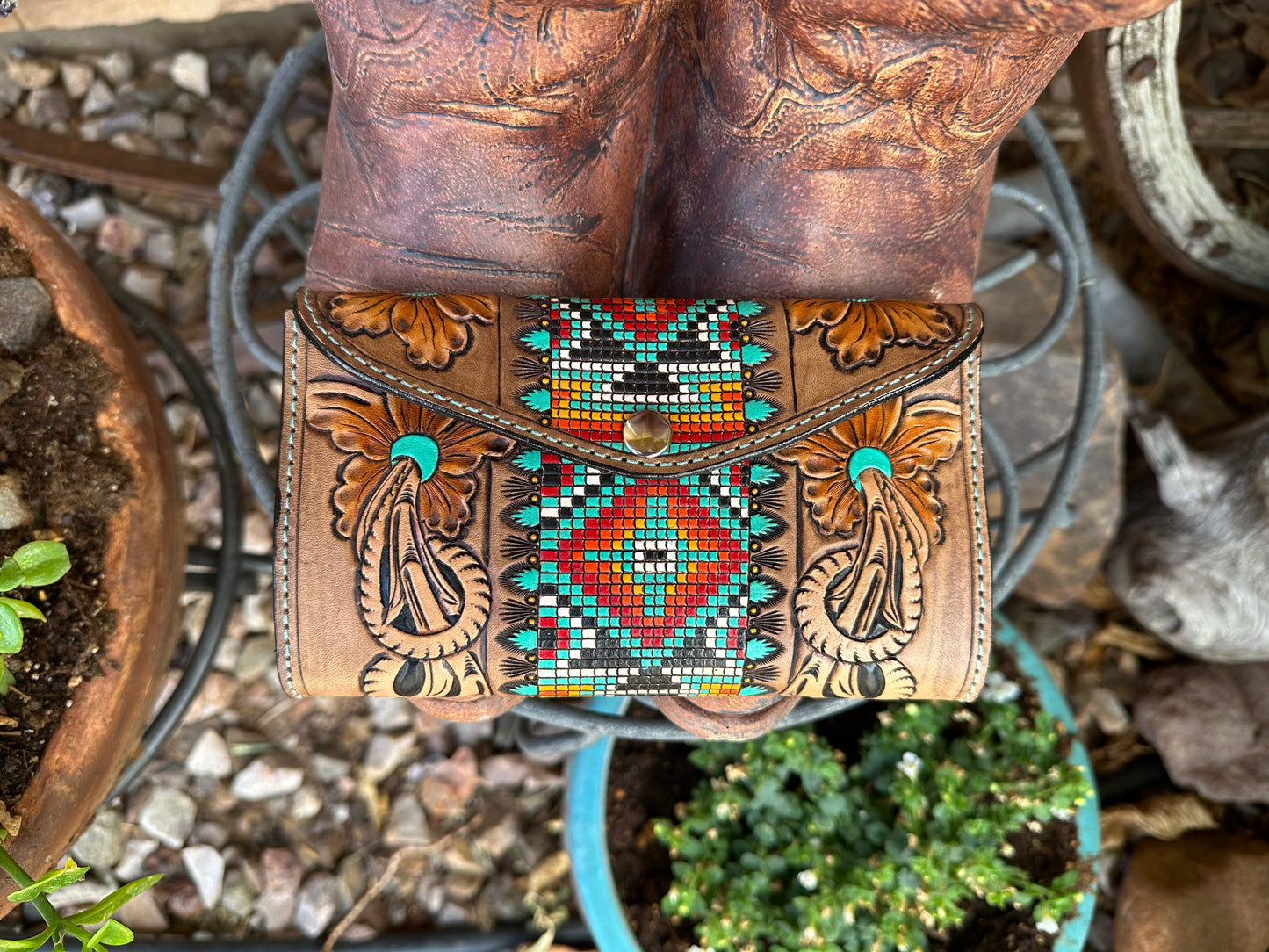 Western tooled leather floral and faux beadwork clutch wallet