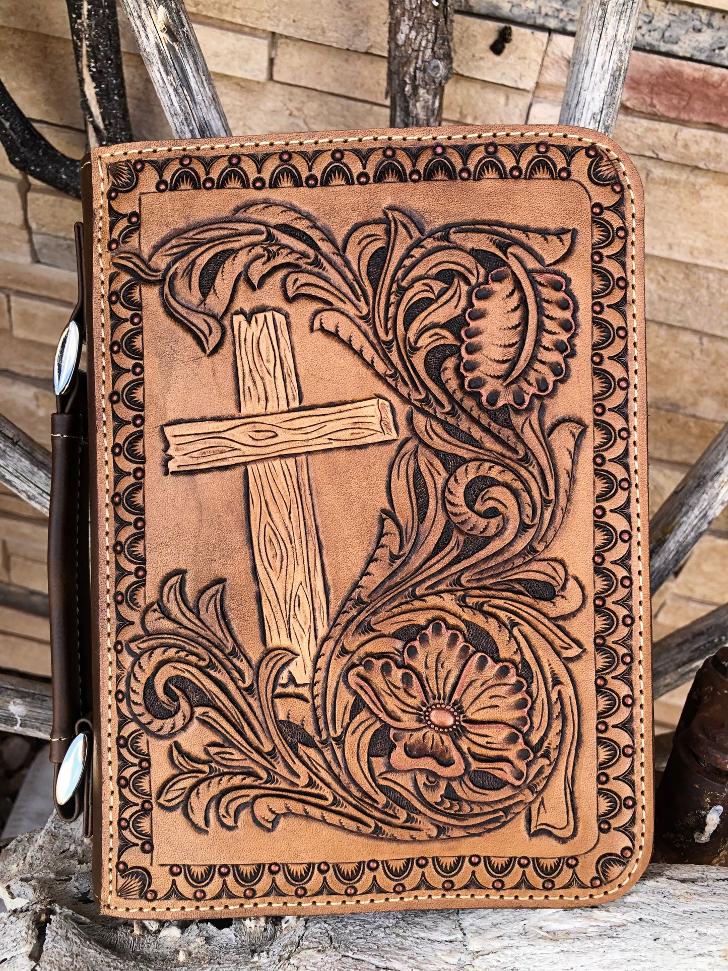 Western tooled leather wooden cross and floral bible cover