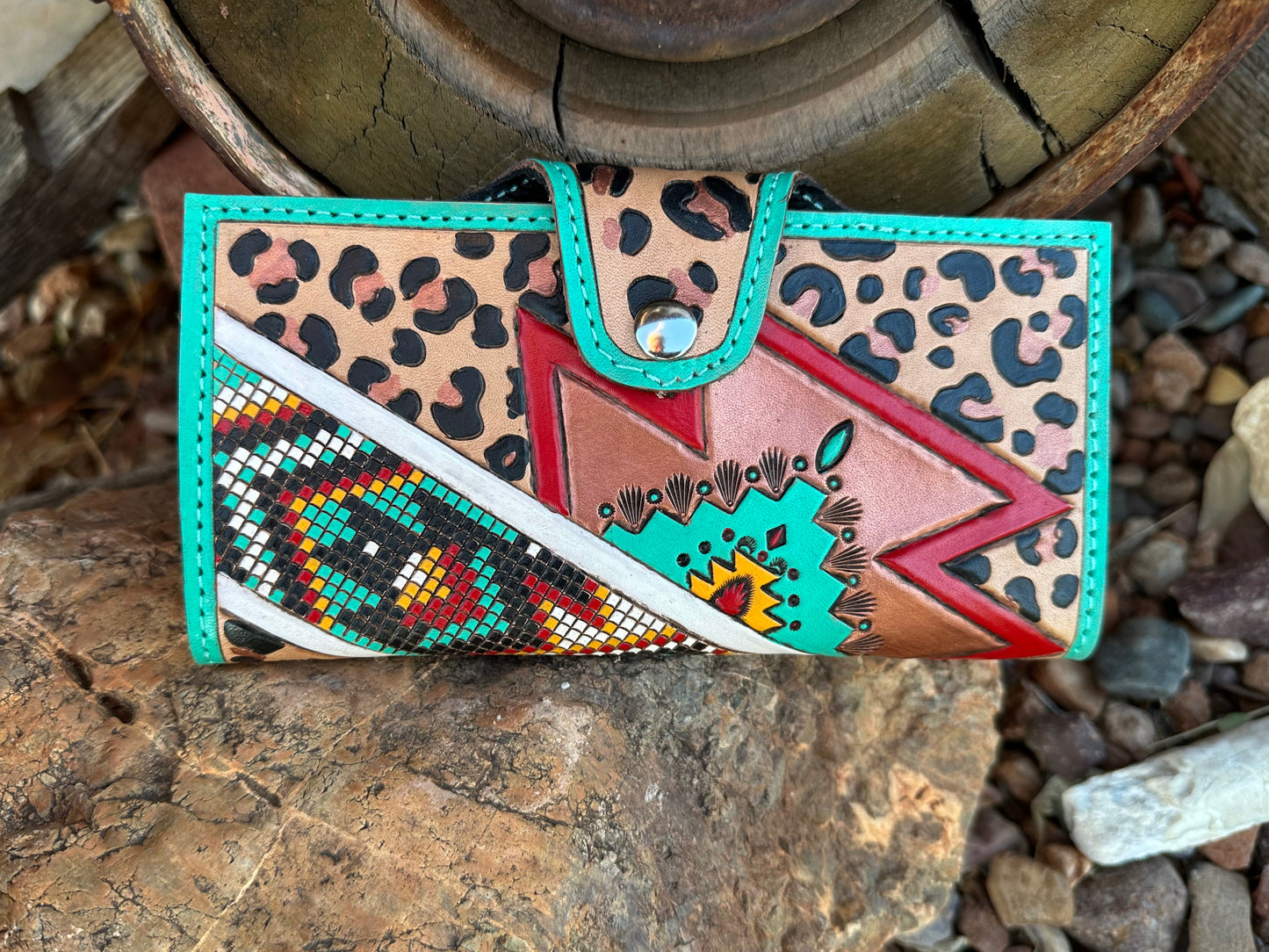Southwestern tooled leather geometric and leopard print wallet