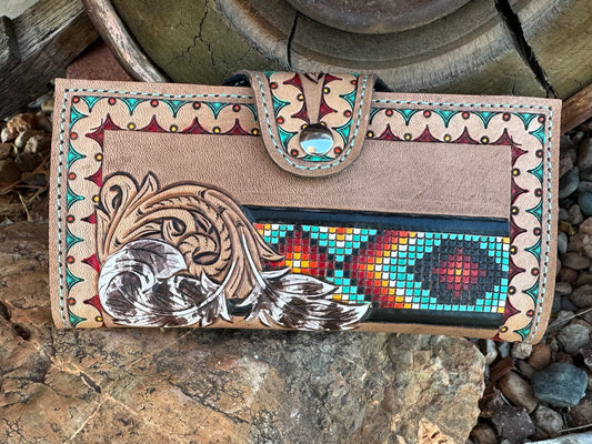 Southwest tooled leather feather and faux beadwork wallet