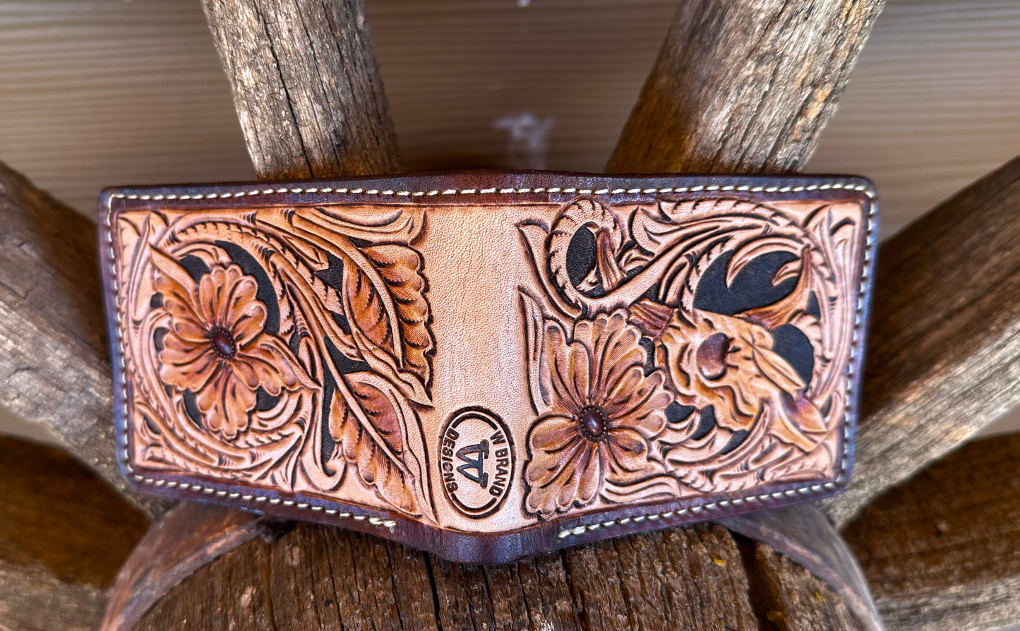 Western tooled leather cow skull and floral bifold wallet